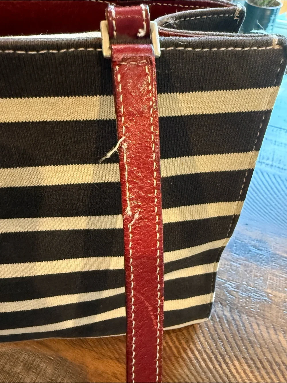 Vintage 90s Kate Spade Canvas Striped Tote Shoulder Bag Red Leather Trim